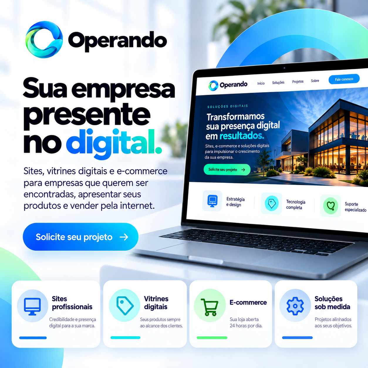 Identidade visual da Operando: sua empresa presente no digital, com sites, vitrines, e-commerce e soluções sob medida